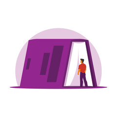 Vector illustration of a man with a door in the shape of a house