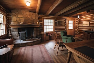 a cozy cabin, with wood paneling and a warm fireplace, created with generative ai
