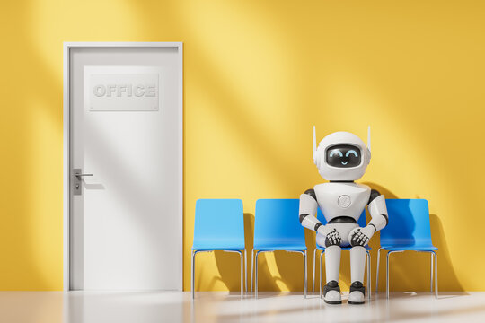 AI robot applicant sitting in office waiting room