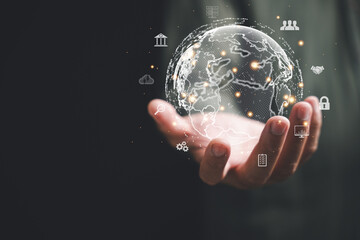 Virtual Global Internet connection metaverse, symbolizing fusion business, technology, and digital...