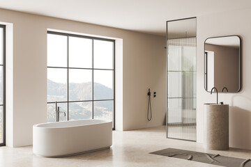 Fototapeta na wymiar White bathroom corner with tub, sink and shower