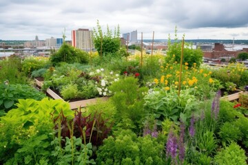 Fototapeta na wymiar green rooftop garden, with variety of plants and blooming flowers, surrounded by cityscape, created with generative ai