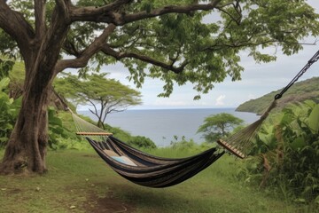 Fototapeta na wymiar remote island getaway with hammock and ocean view, created with generative ai