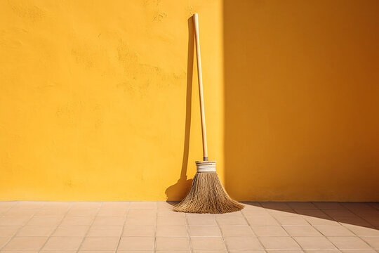 broom on a sunny yellow concrete wall in the yard, created with generative ai