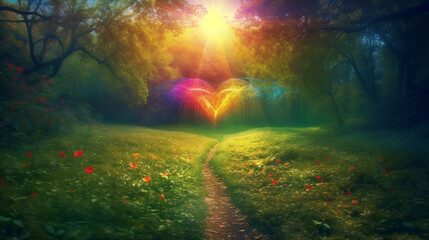 Colorful fantasy heart light beam green forest field. Generative ai.