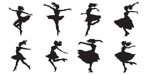 silhouettes of dancing girl group vector illustration. Dancing girl, dancing woman silhouette set	