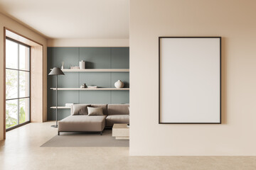 Green and white living room interior with sofa, poster and shelves