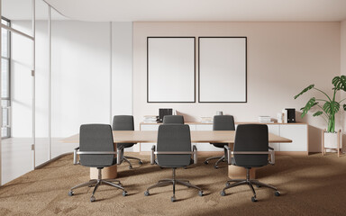Light pink office meeting room interior with posters