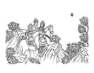 The Adoration of the Magi. Three Kings. Christmas religious illustration in Byzantine style. Coloring page