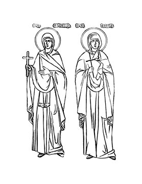Euphrosyne of Polotsk and Theodora. Coloring page in Byzantine style on white background