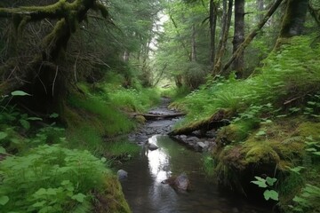 Obraz premium meditative walk through the forest, with gentle breeze and the sound of trickling water, created with generative ai