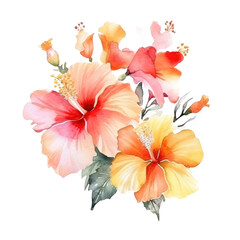 Yellow hibiscus flower with a red spot in watercolor style, PNG background