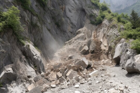 massive rockslide from cliff, with jagged rock fragments and dust, created with generative ai