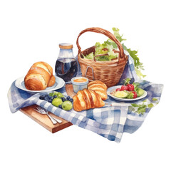 Watercolor picnic basket with fruits, peaches, grapes, bread, wine, picnic in the garden. Generative AI, png image.