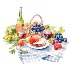 Watercolor picnic basket with fruits, peaches, grapes, wine, picnic in the garden. Generative AI, png image.
