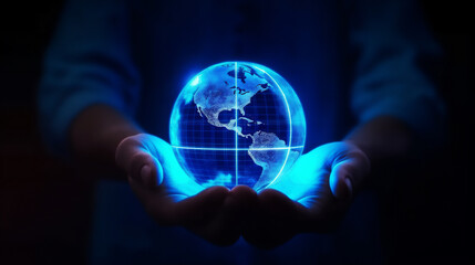 Man Holding A Globe Sphere of the Earth. Futuristic Design gives the Power of Technology. Ideal for wide desktop  Wallpaper. Ai art generated.