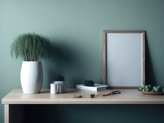 Blank wooden picture frame hanging on beige mockup