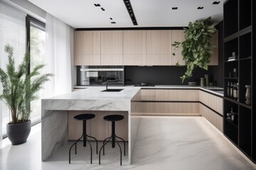 Fototapeta na wymiar minimalist kitchen with clean, sleek lines and a touch of greenery, created with generative ai