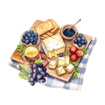 Watercolor summer picnic with fruits, wine, cheese, grapes, Generative AI, png image.