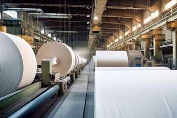 pulp and paper factory, with endless conveyor belts and giant machines producing rolls of paper, created with generative ai