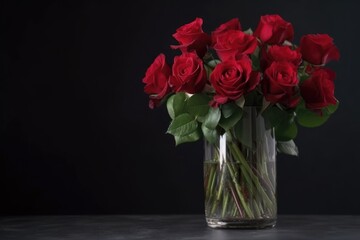 Fototapeta premium red roses in clear glass vase on dark background, created with generative ai