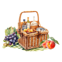 Watercolor picnic basket with fruits, peaches, grapes, Generative AI, png image.