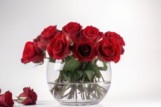 red roses in glass vase on white background, created with generative ai