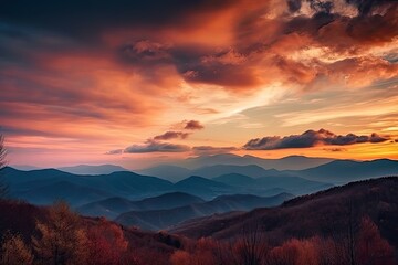 dramatic sunset over mountain range, with the sky and clouds changing colors, created with generative ai