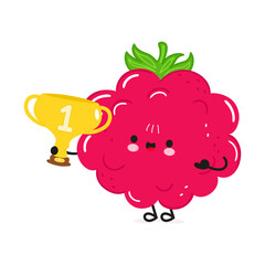 Raspberries hold gold trophy cup. Vector hand drawn cartoon kawaii character illustration icon. Isolated on white background. Raspberries with winner trophy cup
