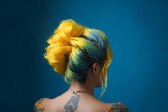 Bright yellow and blue colored hair in elegant updo hairstyle. Generative AI illustration