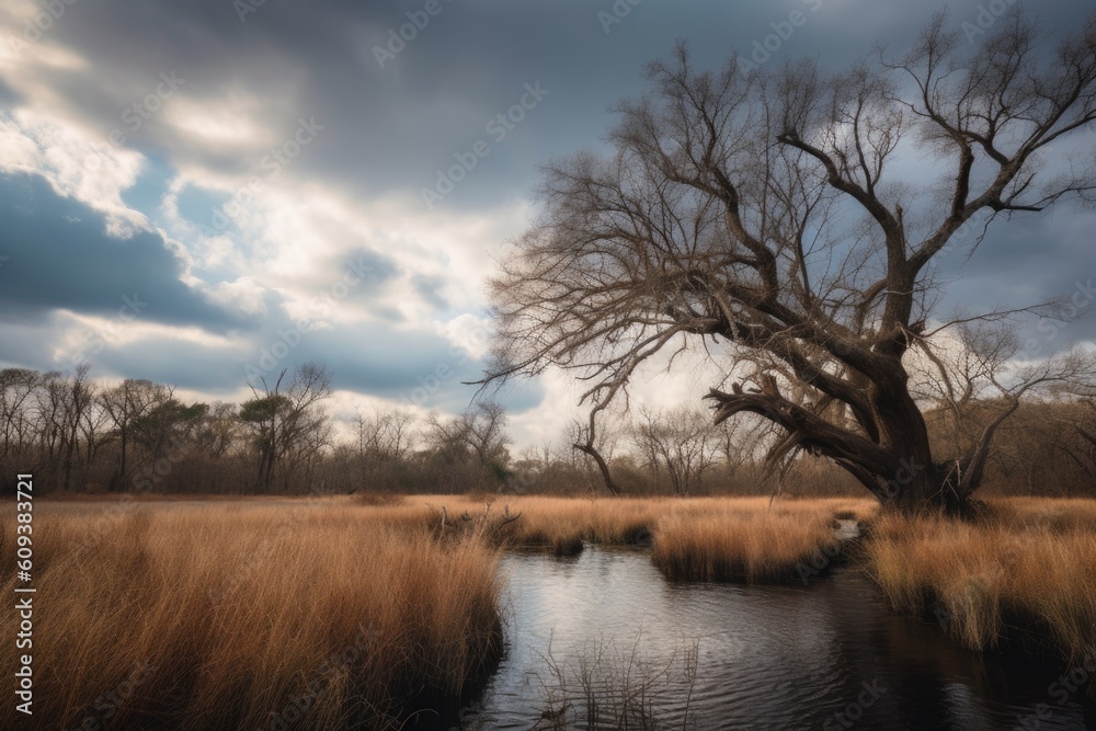 Poster marsh with twisted tree branches and clouds in the sky, created with generative ai