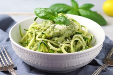 bowl of zucchini noodles, topped with creamy pesto sauce, created with generative ai