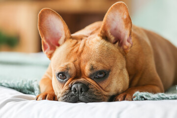 Cute French bulldog lying on bed at home, closeup