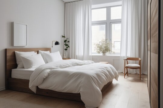 decluttered bedroom with crisp white linens and minimalist decor, created with generative ai