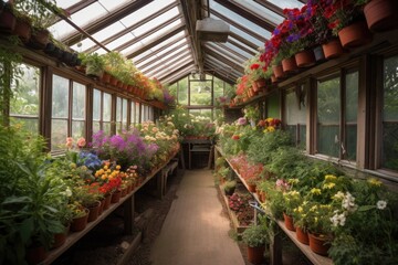 greenhouse filled with colorful blooms and aromatic plants, created with generative ai