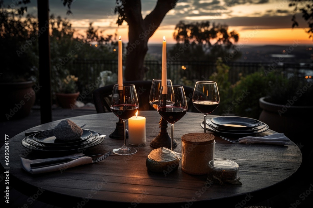 Poster relaxing outdoor table setting with a view, candles, and glass of wine, created with generative ai