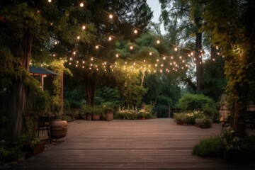 outdoor dance floor surrounded by greenery and fairy lights on a warm summer evening, created with generative ai