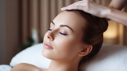 Obraz na płótnie Canvas Beautiful young woman receiving massage in spa salon, generative AI tools
