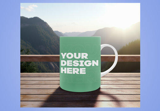 Cup of Coffee on Top of a Wooden Table Mockup