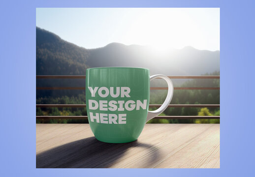 Cup of Coffee on Top of a Wooden Table Mockup
