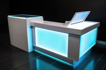 modern reception desk with sleek design, touch screen controls and built-in lighting for a sleek look, created with generative ai