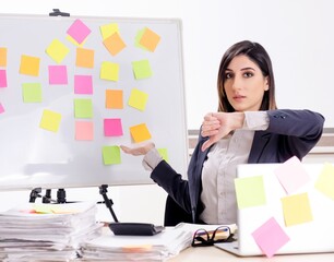 Young female employee in conflicting priorities concept