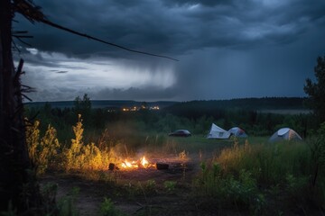 stormy night, with view of tent and campfire in the distance, created with generative ai