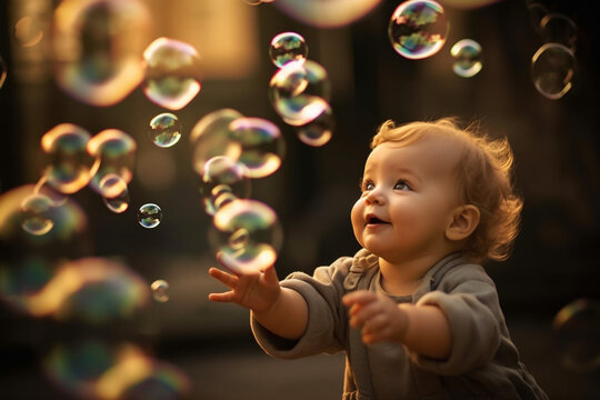 Little one playing with bubbles, capturing their fascination, baby Generative AI