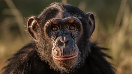 Chimpanzee in the jungle. Close up portrait photo. 