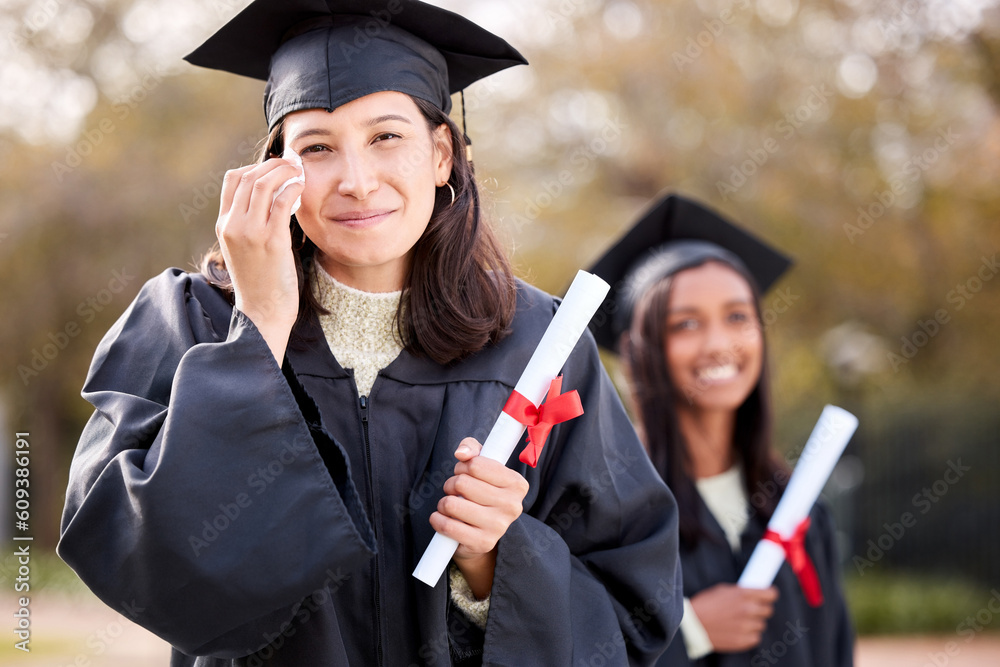 Sticker Woman, graduation portrait and happy crying at college, campus and celebration with diploma. University student, girl graduate and event with tears for success, achievement and goal with certificate