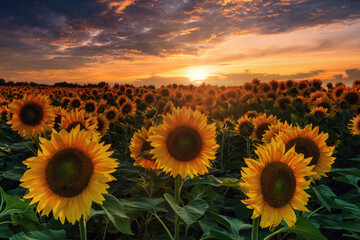 Beautiful sunflower field at the sunset.