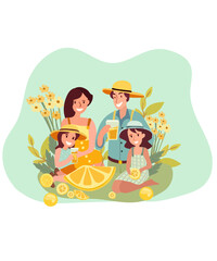 Obraz na płótnie Canvas Happy family enjoys the outdoors while sipping refreshing lemonade and sharing moments of joy. This illustration portrays the essence of active recreation in nature. . Vector illustration