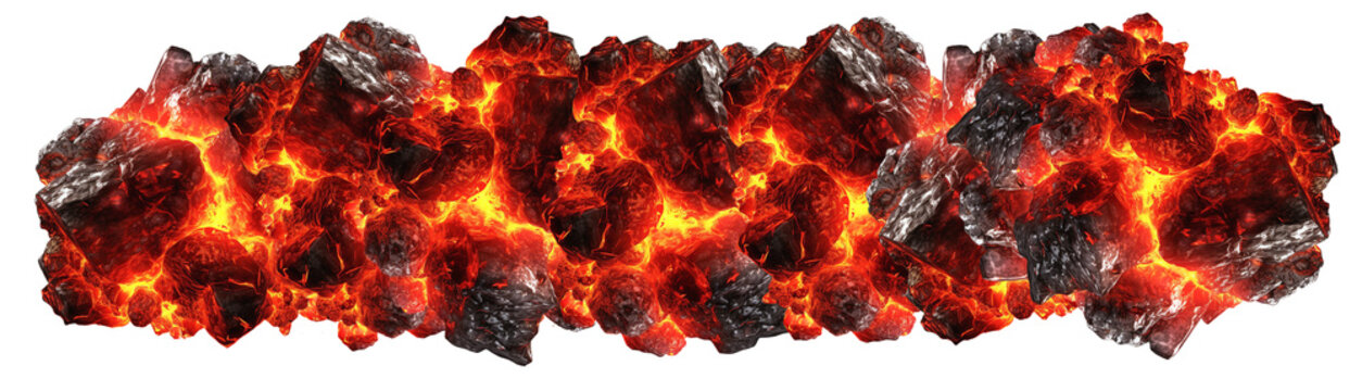 Hot and glowing coals for the bbq in a horizontal shape on a transparent background, Generative AI