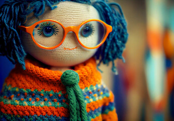 knitted toy girl with glasses. ai generated Generative AI